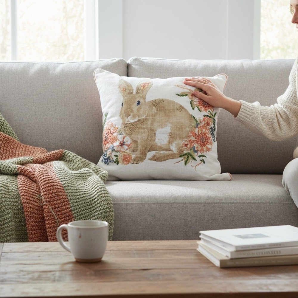 Snuggle Bunny Throw Pillow Unisex 20x20 White Peach New Embroidered Rabbit Decor